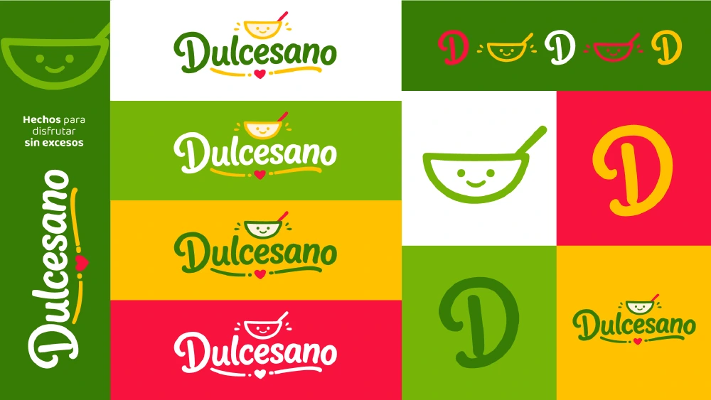 Variantes del logotipo de Dulcesano, monograma D y bowl sonriente sobre fondos de la marca