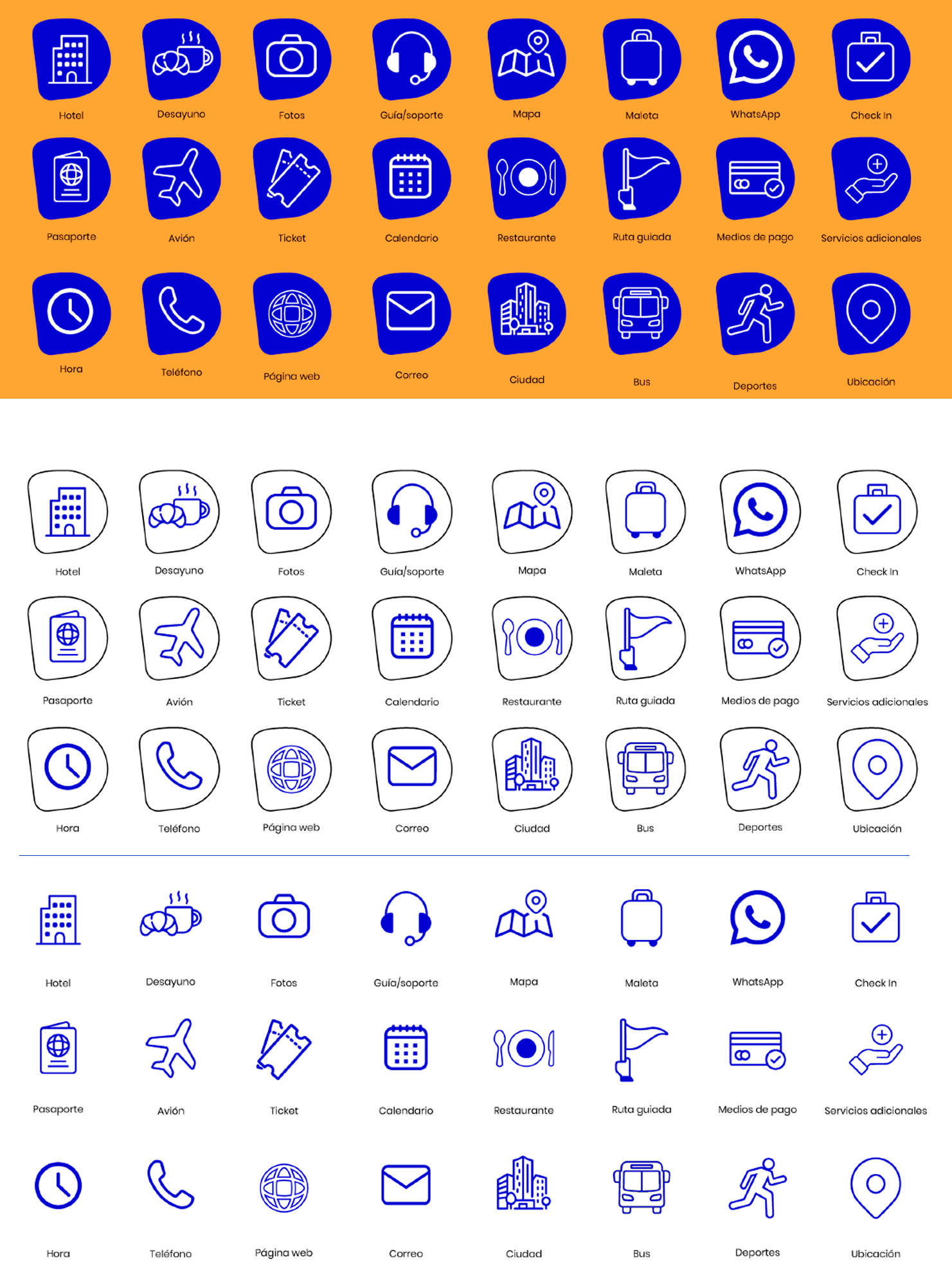 Set de 24 iconos de Dika Travel: hotel, desayuno, fotos, guía, mapa, maleta, WhatsApp, check-in, pasaporte, avión, ticket, calendario, restaurante, ruta guiada, medios de pago, servicios adicionales, hora, teléfono, web, correo, ciudad, bus, deportes y ubicación