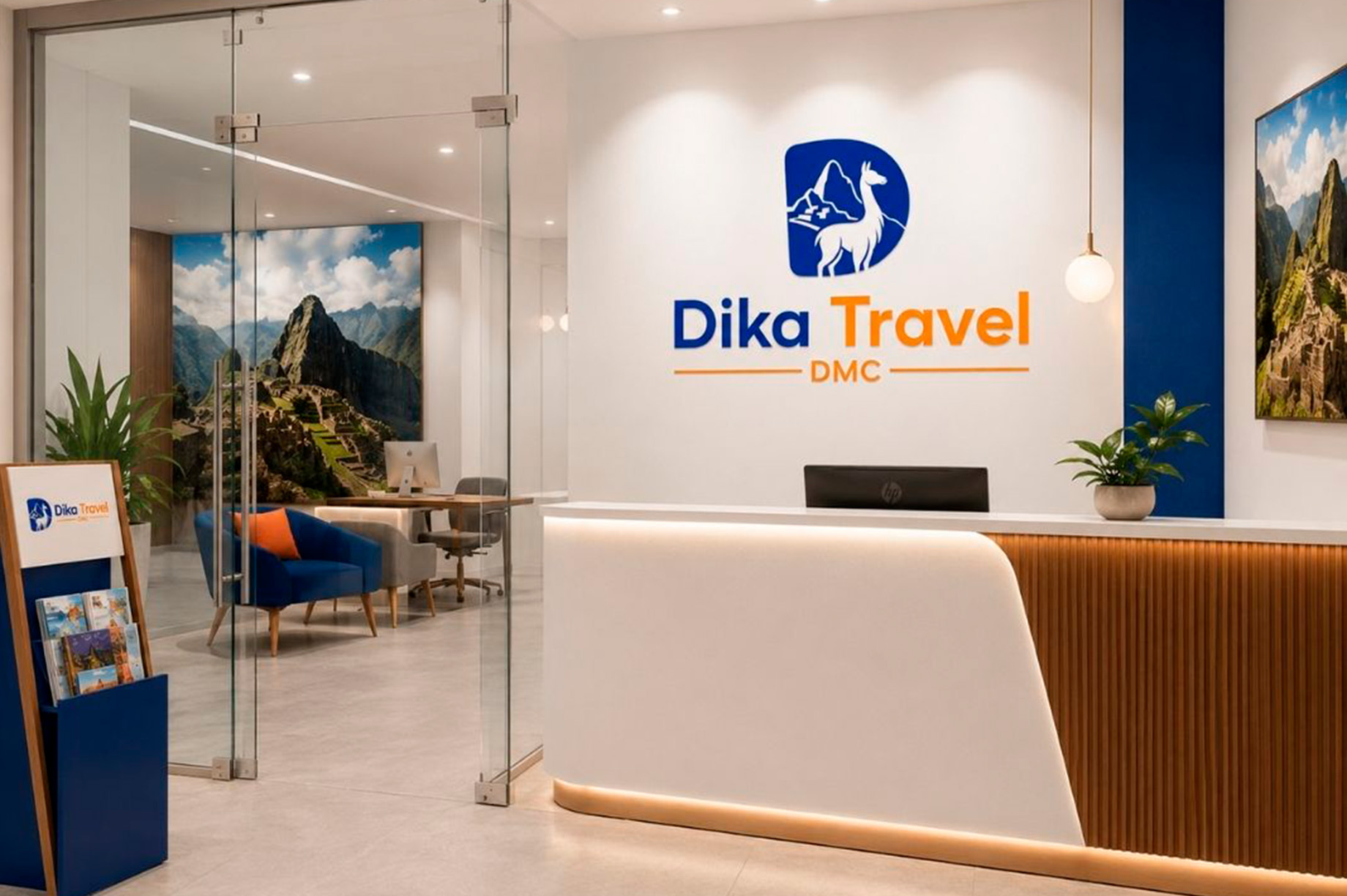 Recepción de la oficina de Dika Travel con la nueva identidad aplicada