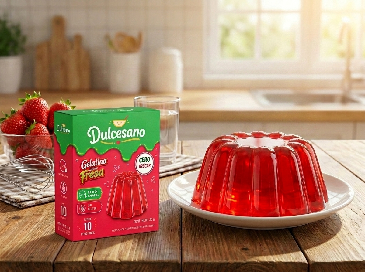 Empaque de Dulcesano acompañado de fresas