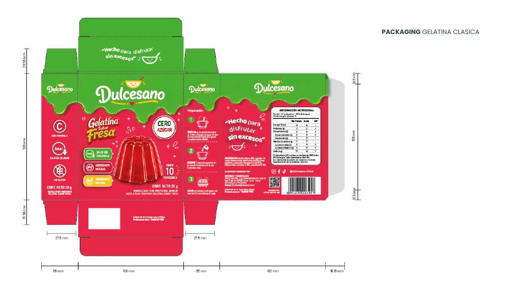 Diseño del empaque de gelatina de fresa Dulcesano