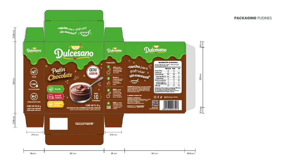 Diseño del empaque de pudín de chocolate Dulcesano