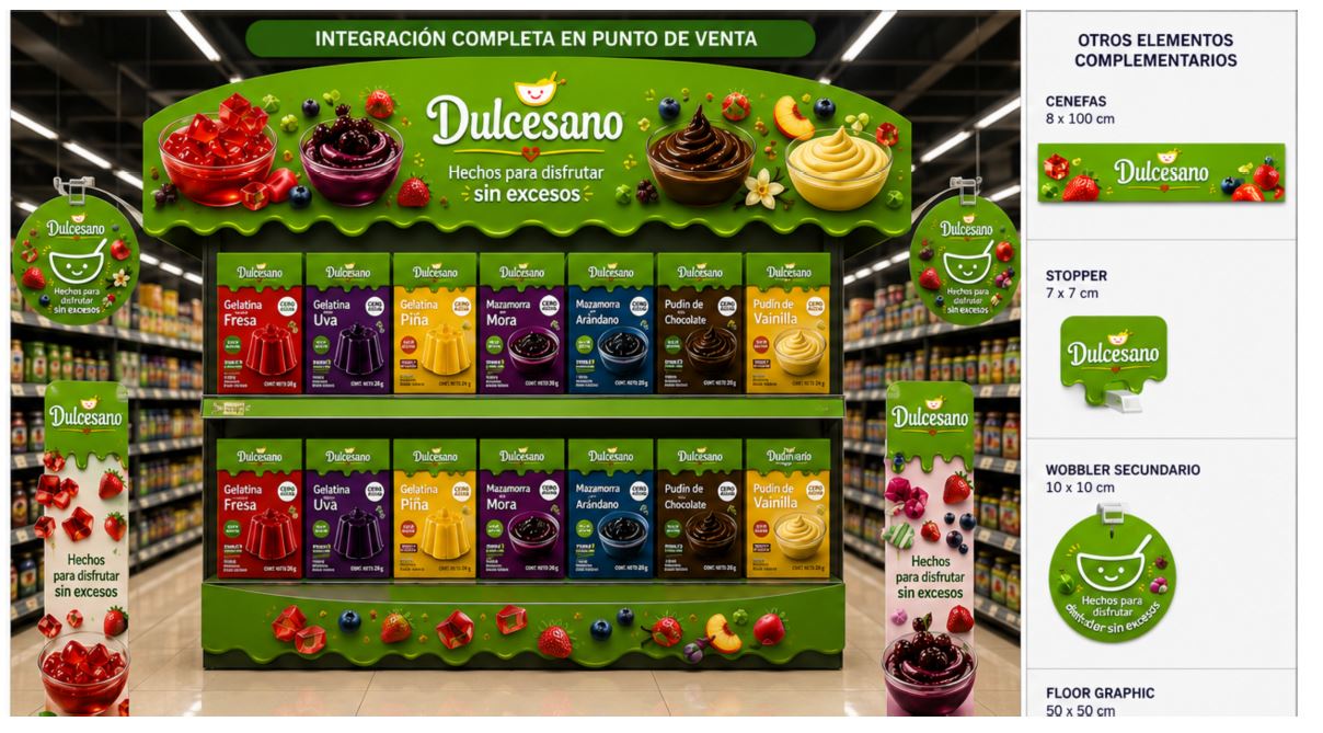 Aplicaciones de Dulcesano en góndola y material promocional para punto de venta